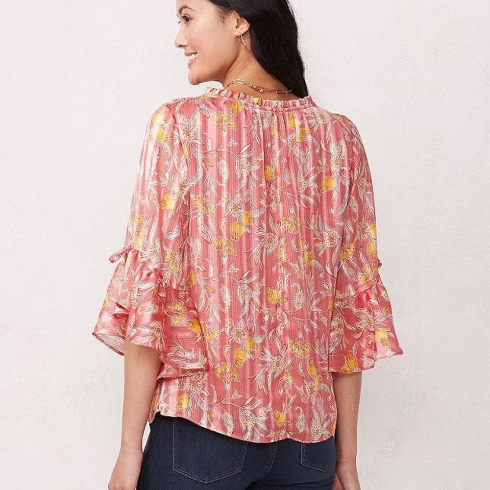 LC LAUREN CONRAD Chiffon Bohemian Blouse 3/4 Ruffle Sleeve Split Neck with Tie - Picture 6 of 12